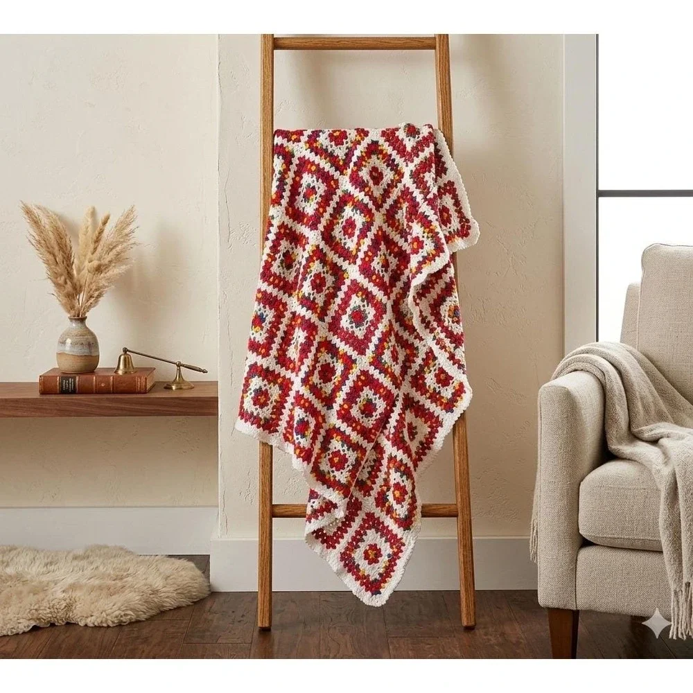 Vtg Handmade Crochet Granny Square Afghan Blanket Red White Rainbow Retro 77x82‎